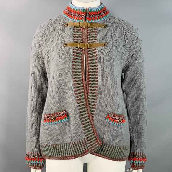 Size 12 Grey Multi Color Wool Cable Knit Bobble Leather Trim Jacket - Picture 1 of 11